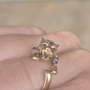 Alternative view of 14k 3.8g diamond and ruby panther ring- sz8