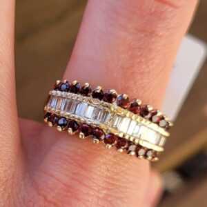 Alternative view of 14k 6.5g diamond and garnet pyramid ring- sz8.5