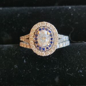 14k 5.8g Neil Lane Oval Diamond with Halos and Sapphires Sz 4.75