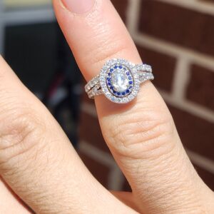 Alternative view of 14k 5.8g Neil Lane Oval Diamond with Halos and Sapphires Sz 4.75